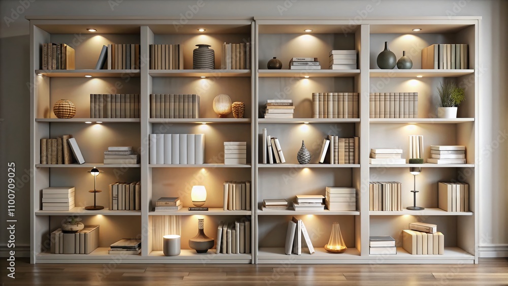 Poster minimalist bookshelf showcasing an extensive collection of books in a calm and organized space perfe