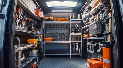 Organized service van interior with various tools and equipment on shelves.