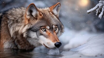 Obraz premium Christmas wildlife nature landscape. A wolf drinking from a partially frozen stream, surrounded by snow-laden trees under a Christmas moonlight