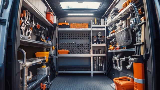 Organized service van interior with various tools and equipment on shelves.