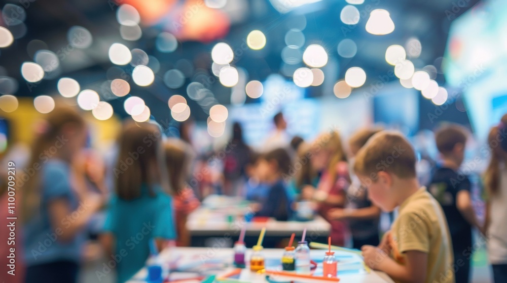 Poster defocused scene of a crowded science fair with kids ed around tables and eagerly asking questions.