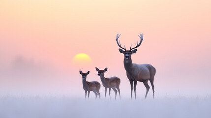 Fototapeta premium A graceful deer family featuring a majestic buck with large antlers, two fawns, and a doe standing together in a misty meadow under a soft pink sky with the rising sun.