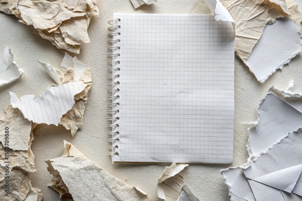 Poster minimalist composition of torn white paper and ripped notebook pages - abstract textures and scrap s
