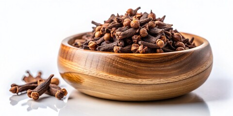 Obraz premium Minimalist Composition of Cloves in a Wooden Bowl on White Background Emphasizing Natural Textures and Earthy Tones for Culinary and Wellness Themes