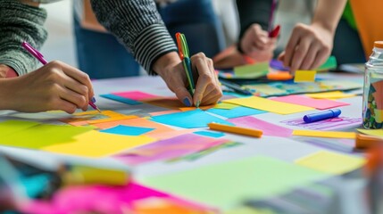 A team brainstorming ideas with colorful sticky notes, artwork, and design materials spread out.