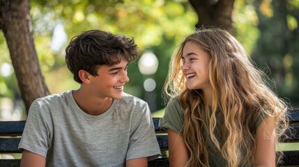 Obraz premium A teenage boy and girl sitting together on a park bench, chatting and laughing.