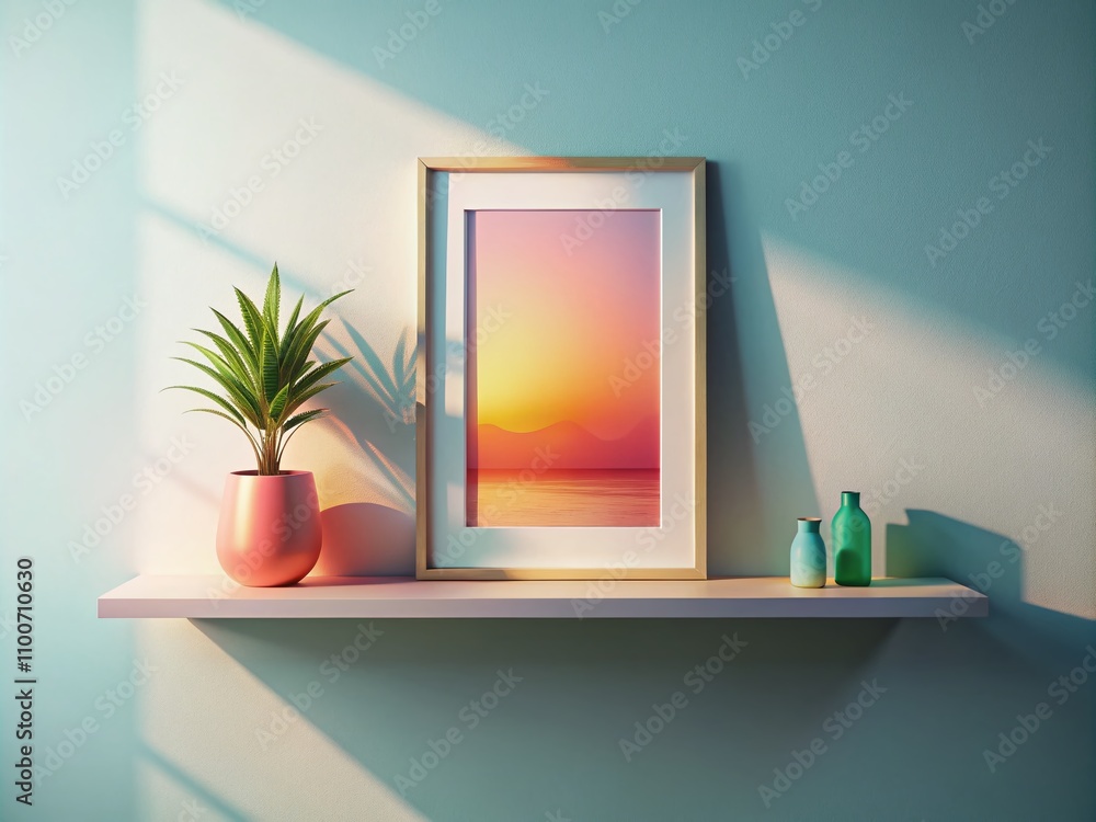 Poster minimalist frame mock-up on floating shelf in bright room with low light photography, elegant design