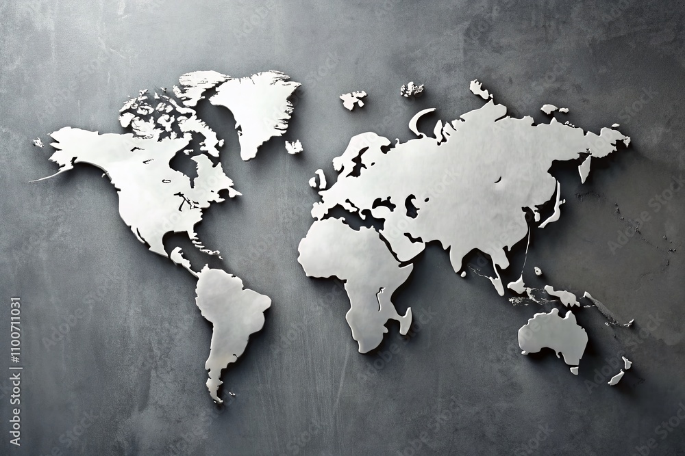 Poster minimalistic 3d world map design on grey wall background with long exposure effect for modern interi
