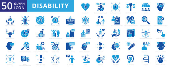 Disability icon set with developmental, wheelchair, sports, working, physical, mental, migraine, arthritis, allergies, sensory, sign language, cognitive, self care, activist, epilepsy, and blindness