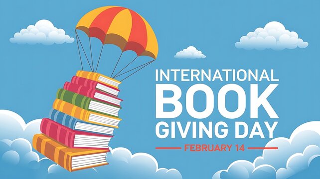 Inspiring Illustration for International Book Giving Day with Colorful Books and Parachute in Bright Blue Sky - Powered by Adobe