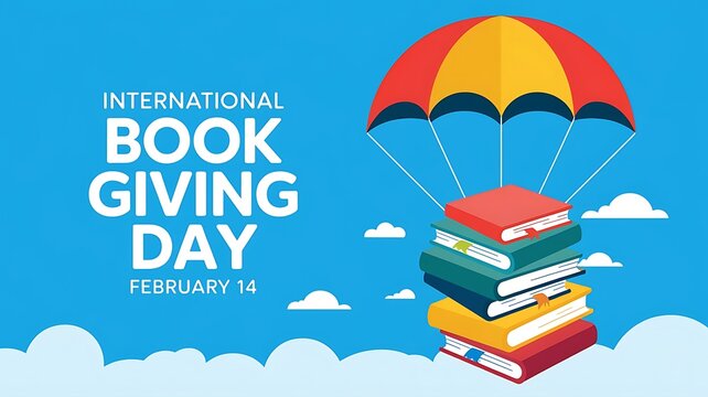 Inspiring Illustration for International Book Giving Day with Colorful Books and Parachute in Bright Blue Sky