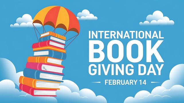 Inspiring Illustration for International Book Giving Day with Colorful Books and Parachute in Bright Blue Sky
