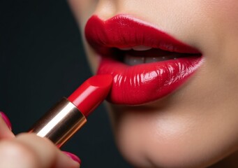 Naklejka premium Applying bold red lipstick in a close-up of lips and makeup routine