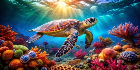 Obraz premium Minimalist Low-Poly Sea Turtle Swimming Amidst Vibrant Coral Reef in a Serene Underwater Landscape, Capturing the Beauty of Marine Life and Colorful Ecosystems