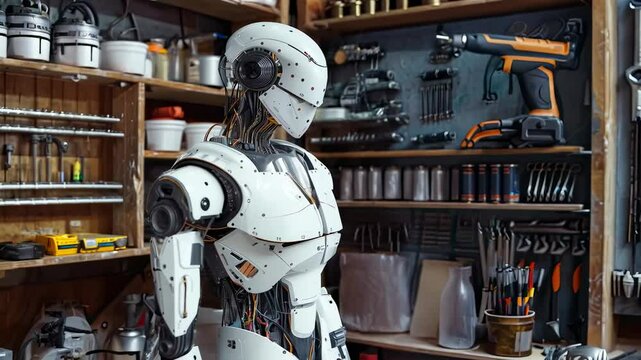 Futuristic robot in workshop with tools and equipment