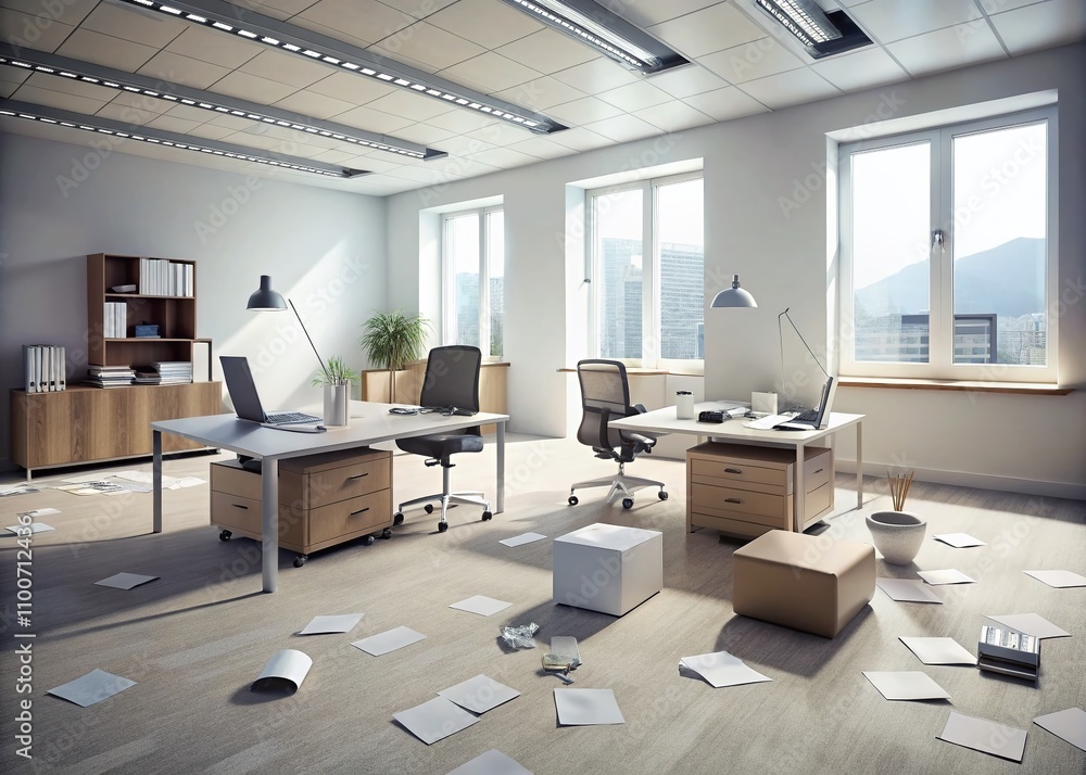 Poster minimalist photography of an empty chaotic office space highlighting disorder and disarray in a prof