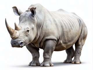 Obraz premium Minimalist Photography of a White Rhinoceros Ceratotherium Simum Isolated on a Clean White Background, Showcasing Its Unique Features and Form in a Simple Yet Striking Composition