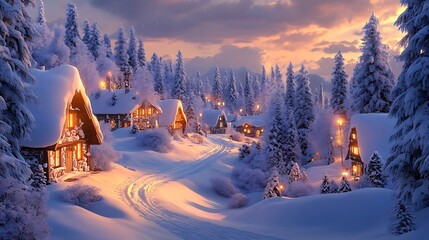 A charming snowy village with a winding path leading through snow-laden trees, illuminated by the last light of a winter sunset 