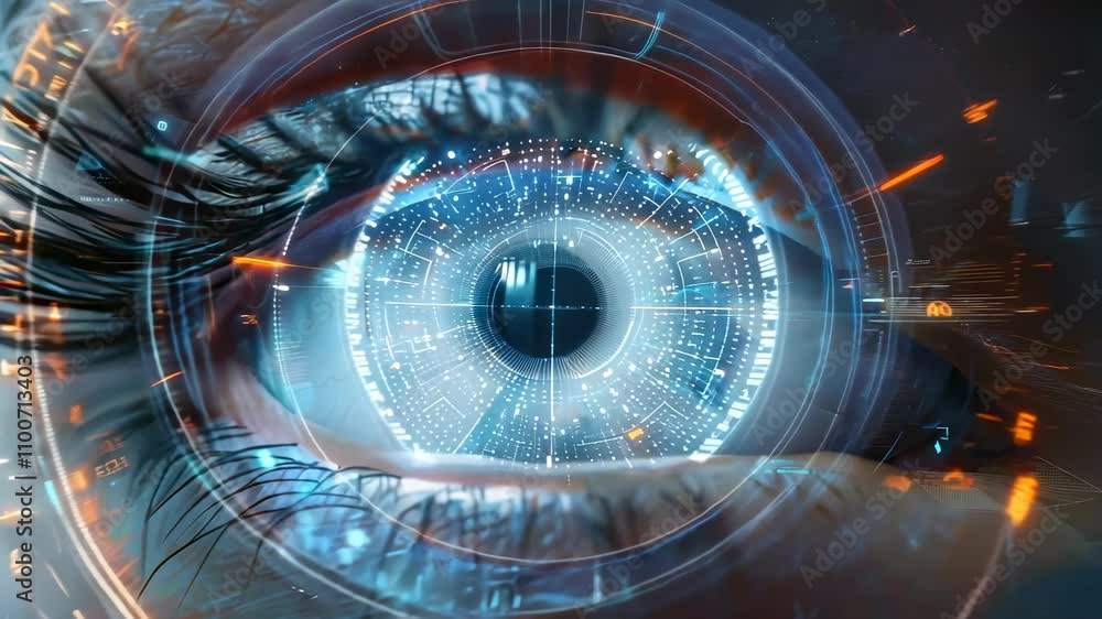 Poster futuristic close-up of an eye with digital elements and patterns