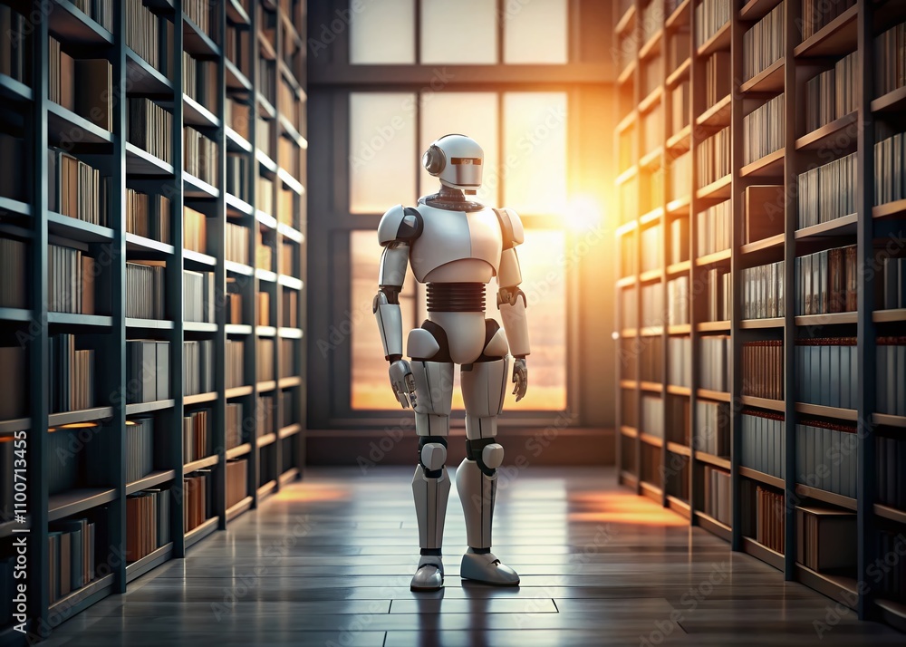 Poster minimalist robot surrounded by books in a tranquil library setting, showcasing the intersection of t