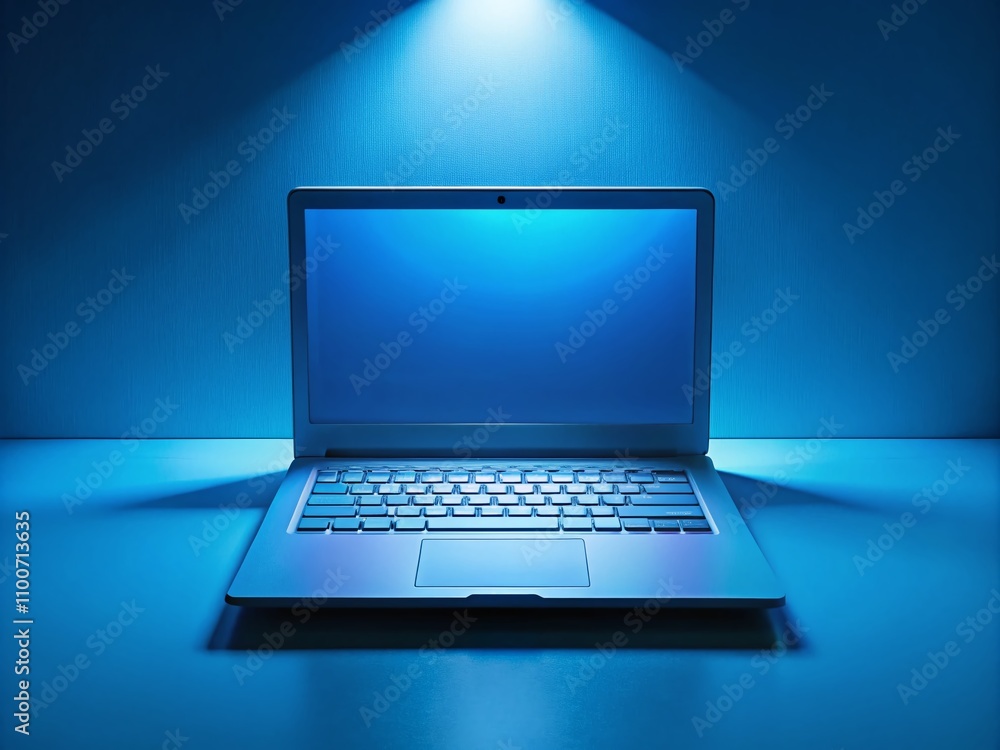 Poster minimalist scene featuring a modern laptop with blue light on the screen illuminating the keyboard, 