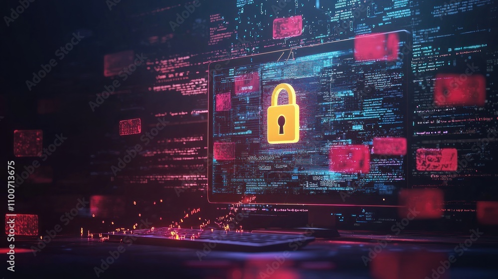 Poster a visual representation of online safety, featuring a computer screen with a lock symbol and caution
