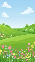Fototapeta premium Idyllic countryside landscape featuring a vibrant meadow filled with blooming wildflowers and lush green vegetation set against a backdrop of rolling hills and a cloudy blue sky