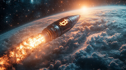 Obraz premium futuristic Bitcoin rocket glides past fluffy clouds, heading towards a starry sky, symbolizing the rise of digital currencies and the limitless potential of the financial technology revolution