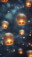 Ethereal night sky filled with a captivating display of glowing floating lanterns creating a enchanting serene and spiritual atmosphere  Mystical and magical backdrop for a festival or