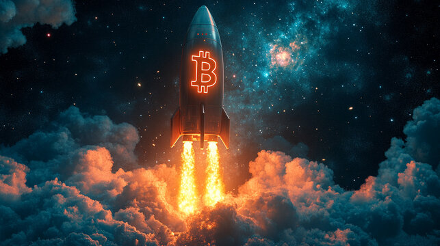 futuristic Bitcoin rocket glides past fluffy clouds, heading towards a starry sky, symbolizing the rise of digital currencies and the limitless potential of the financial technology revolution