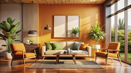 Fototapeta premium Minimal Modern Home Design Featuring Warm Furniture Colors and Poster Frame Mockup in a Bright Interior - 3D Render of Elegant Living Space