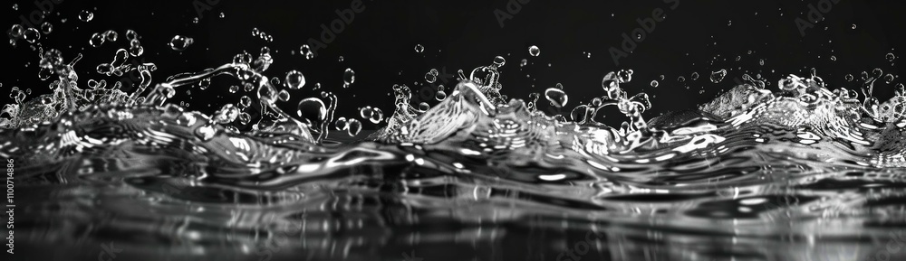 Poster black and white image of water splashes creating dynamic shapes, highlighting fluidity and movement 