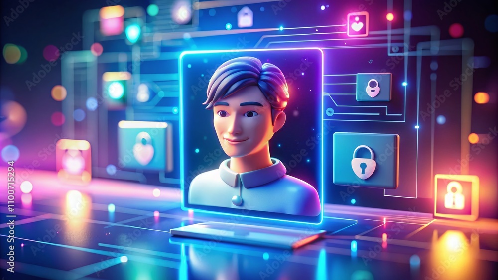 Poster modern 3d user profile login illustration with high depth of field, showcasing a personalized digita