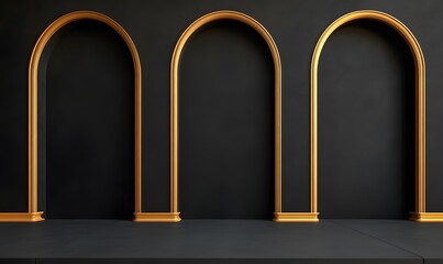 Fototapeta premium Black-and-gold awards stage with radiant arches, Generative AI 