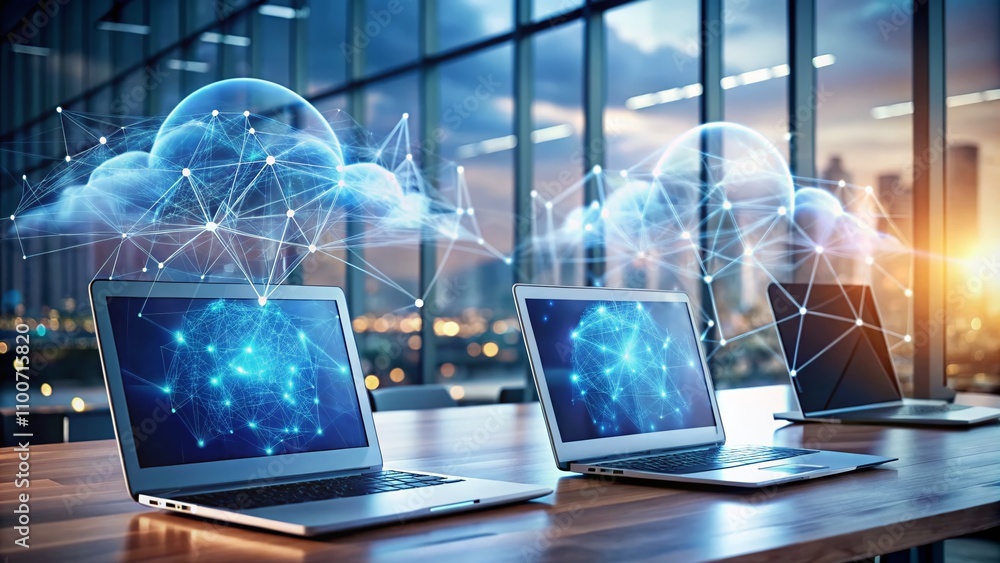 Poster modern ai cloud technology with two laptops connected in a high-tech workspace, showcasing data exch