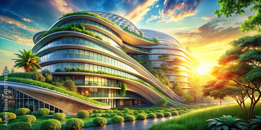 Poster modern architectural design with organic curves and lush greenery in a bokeh effect setting