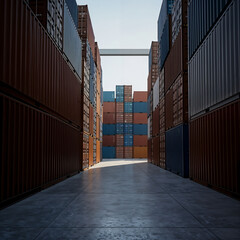 Fototapeta premium Ground Level View of Cargo containers in Port Corridor in Midday Sunlight