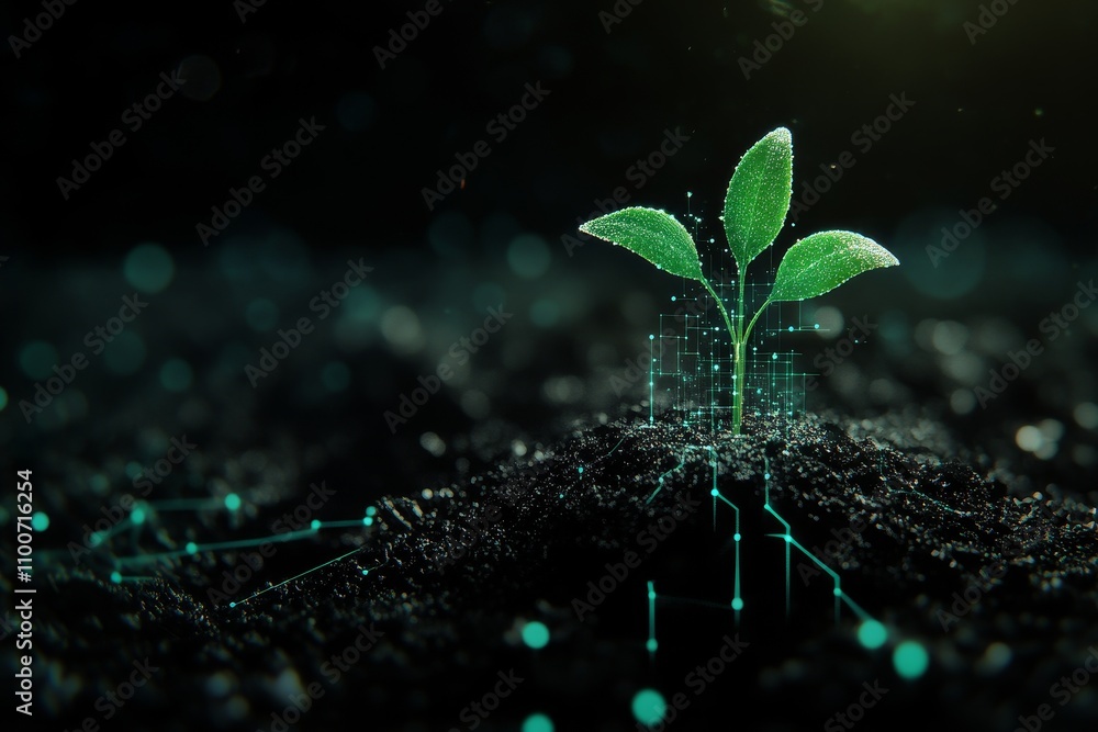 Poster a small green sprout emerges from dark soil with glowing teal lines emanating from its base, signify