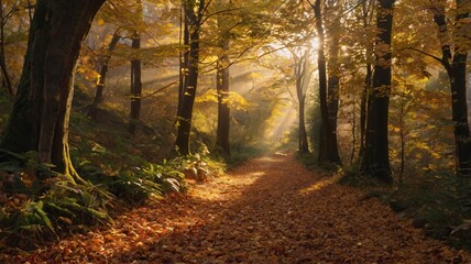 An enchanting forest pathway covered in autumn leaves, with golden sunlight streaming through the trees.
