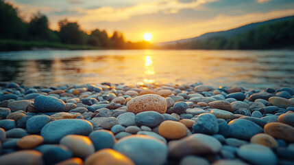 Obraz premium serene yet chaotic scene of a blurred rocky riverbank with scattered rocks and flowing water, capturing nature’s raw beauty, stillness, and the concept of calm amidst disorder