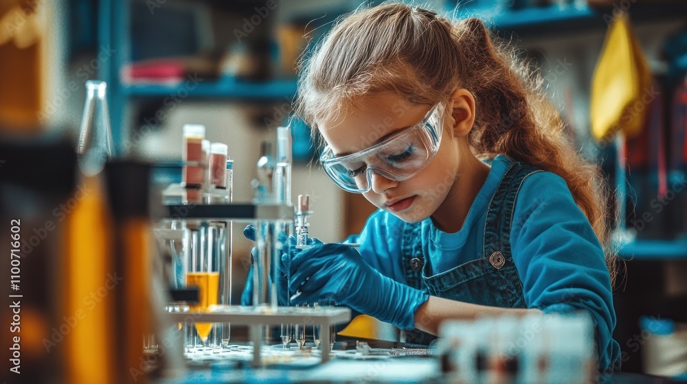 Poster student in a science lab, conducting an experiment, showcasing stem learning