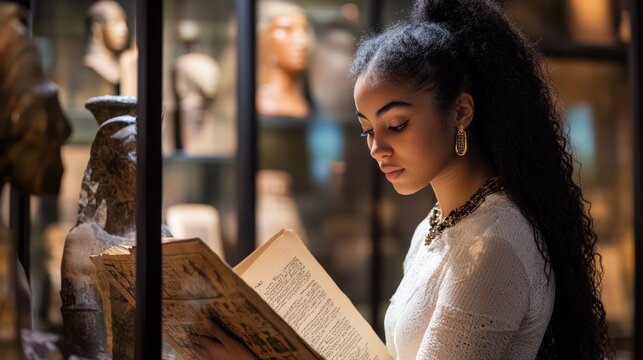 Student studying ancient history in a museum setting, surrounded by artifacts, clean and focused