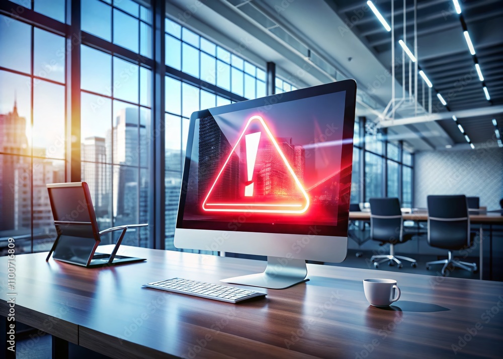 Aufkleber modern computer screen with red warning sign in a futuristic office environment, highlighting digita