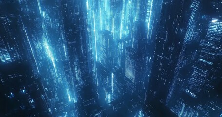 Futuristic city with glowing blue lines, a digital metropolis.