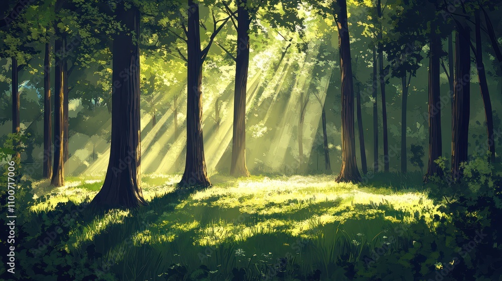 Poster sunlight in a forest background with tall trees and shadows