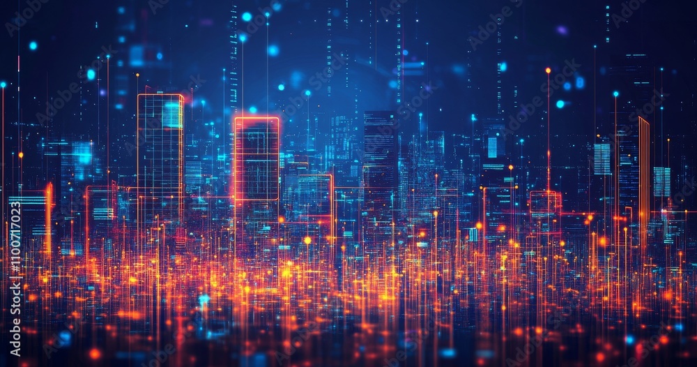 Poster a futuristic city skyline with glowing lines and dots, representing digital technology and innovatio