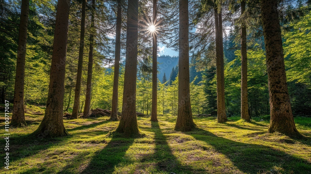 Poster sunlight through trees creating a tranquil forest scene