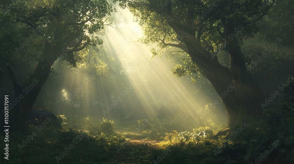 Poster sunlight streaming through a misty forest, creating a mysterious atmosphere