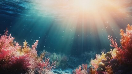 Fototapeta premium Sunlight in an underwater nature background, illuminating coral reefs