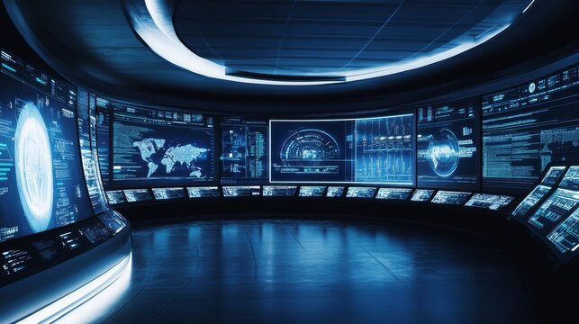 A futuristic cybersecurity command center with threat detection algorithms and network monitoring systems, Security style, photo of